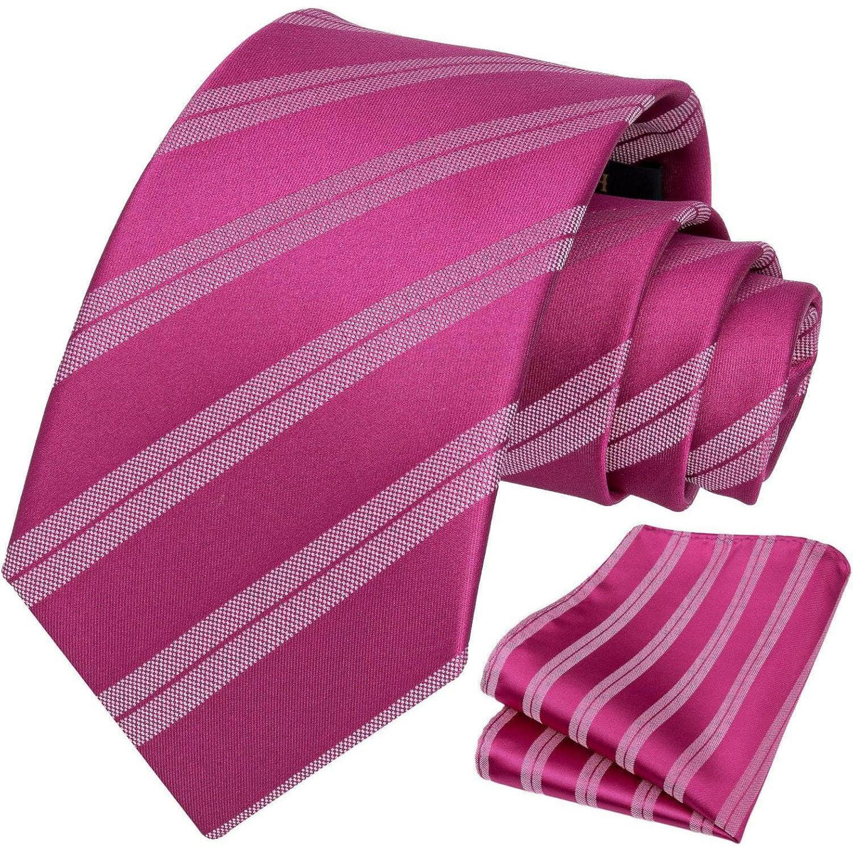 Herren Krawatten-Set mit Einstecktuch, Streifen, Heißes Rosa