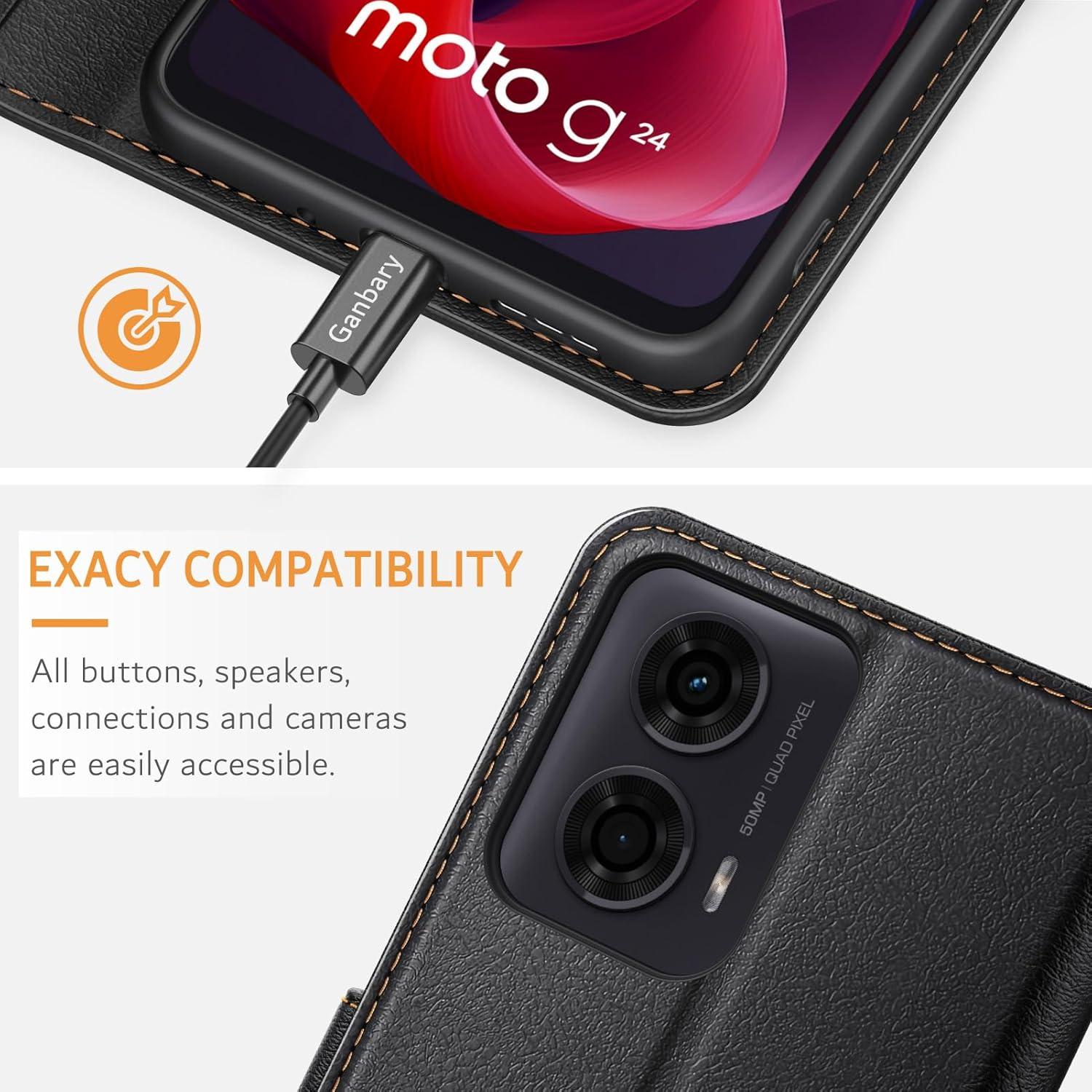Leder Handyhülle mit Standfunktion für Motorola Moto G24 - Schwarz