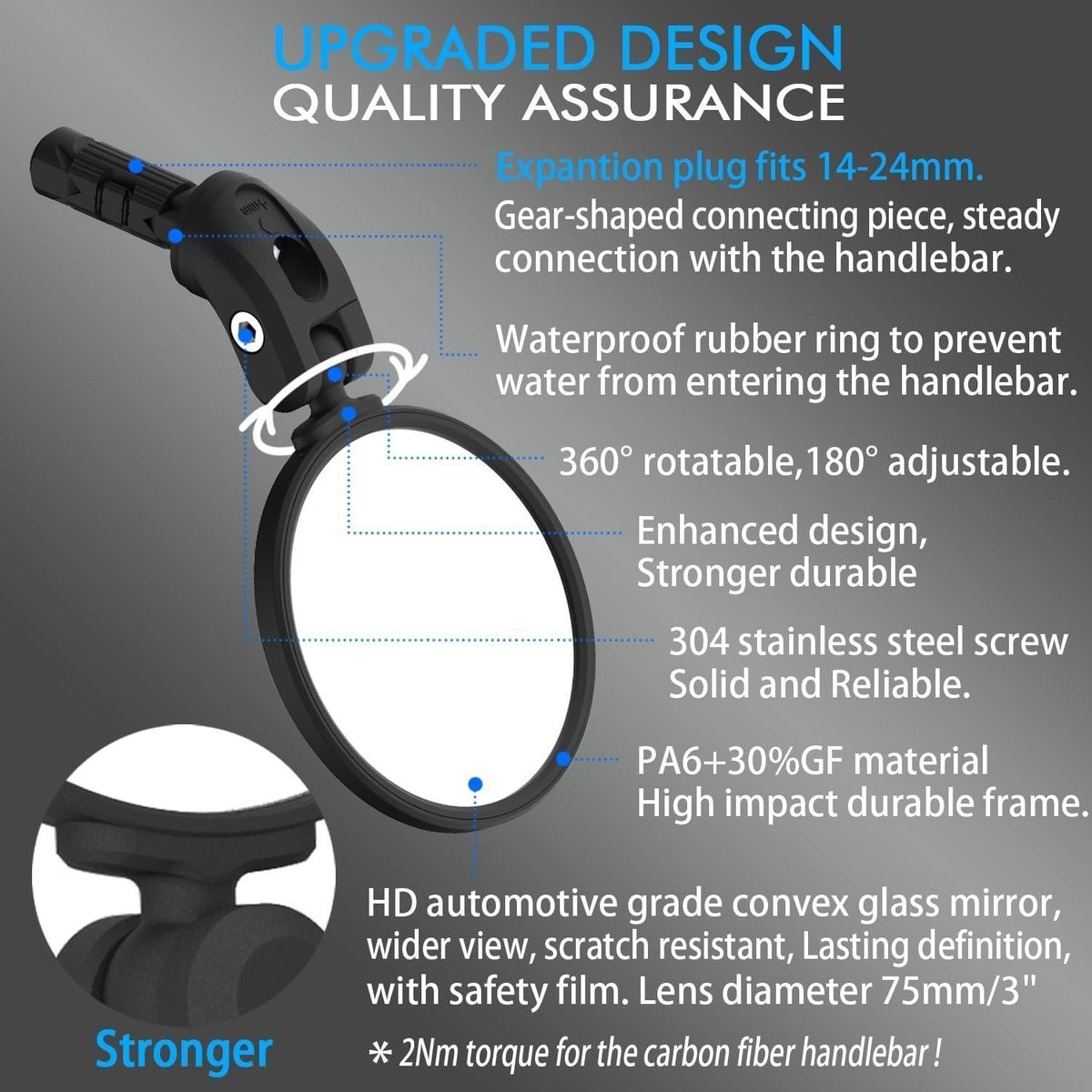 Fahrradspiegel für Lenkerende, HD-Glas konvex, 3" für Flat/Drop Bar