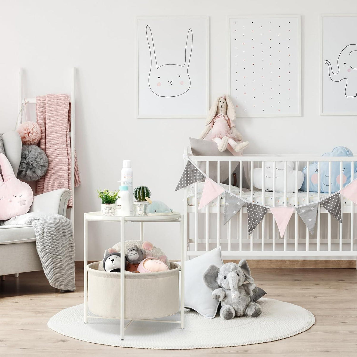 Danpinera Runder Beistelltisch Metall Stoffkorb Weiß Kinderzimmer