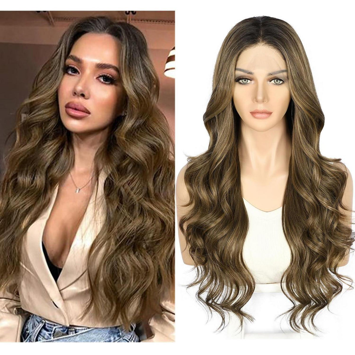 Synthetische Körperwelle Perücke Goldbraun Balayage 26 Zoll
