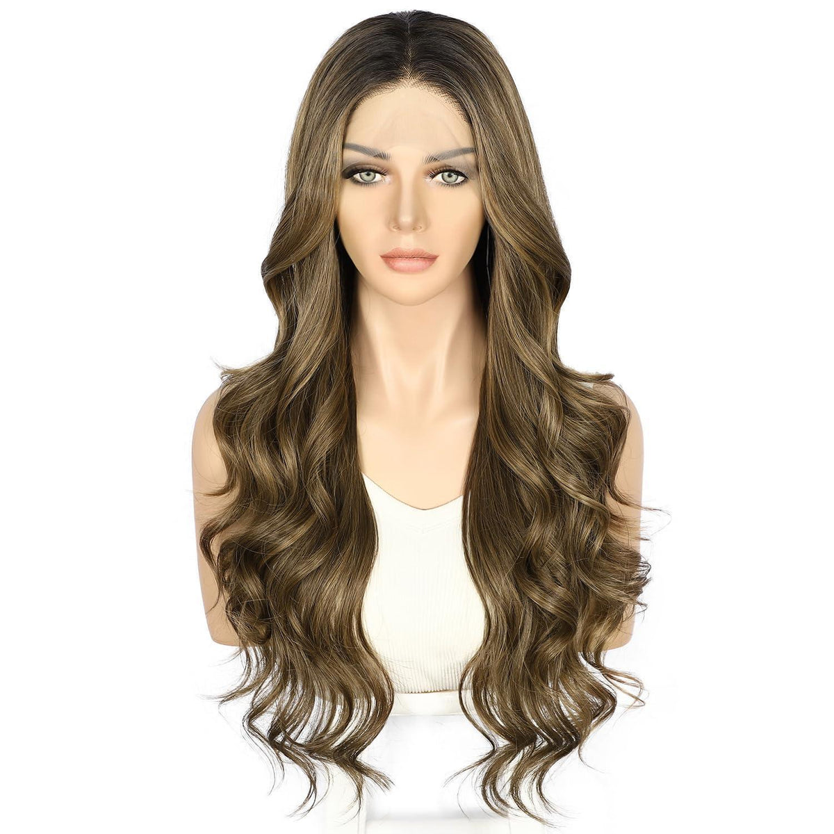 Synthetische Körperwelle Perücke Goldbraun Balayage 26 Zoll