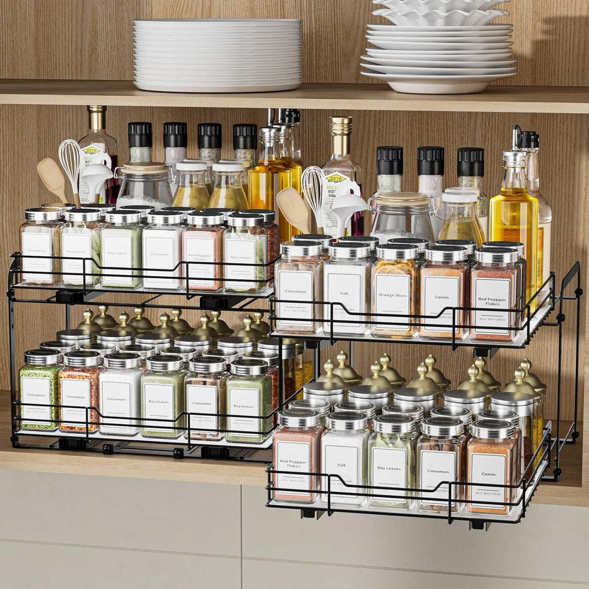 Ausziehbares 2 Etagen Schwarz Gewürzregal Schrank Organizer