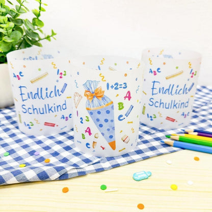 12 Windlichter Einschulung Junge Schultüte ABC Blau 2025