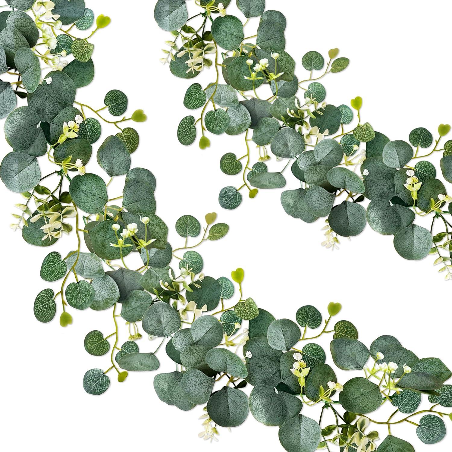 Künstliche Eukalyptus Girlande 2er Set 1,8m Hängend Grün Weiße Blumen
