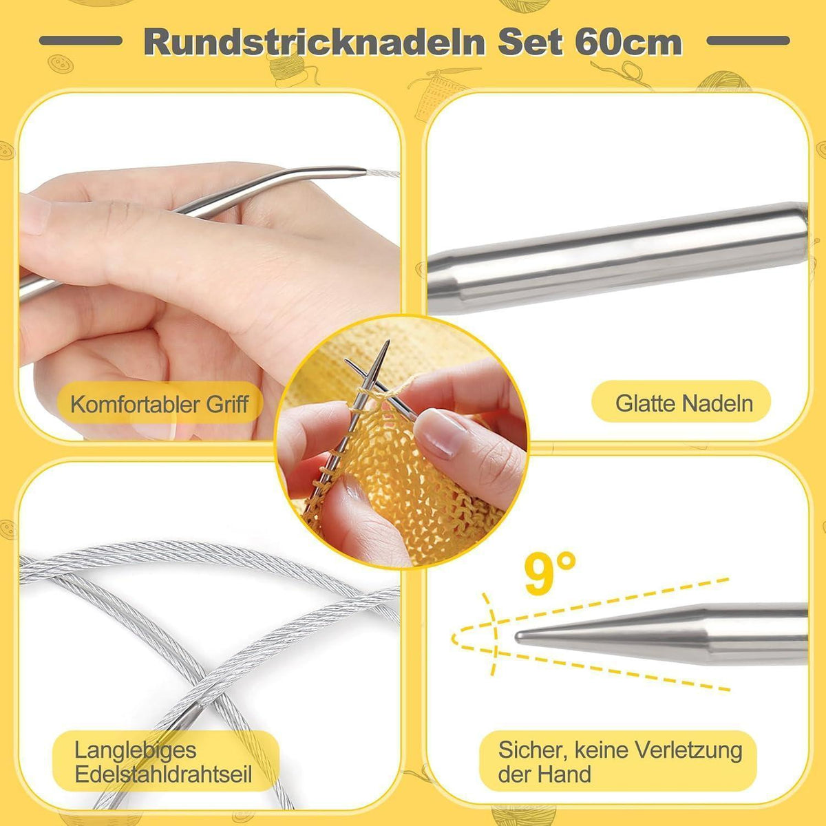 Rundstricknadel Set Edelstahl 80cm – 6 Größen (2,5-5,0mm)