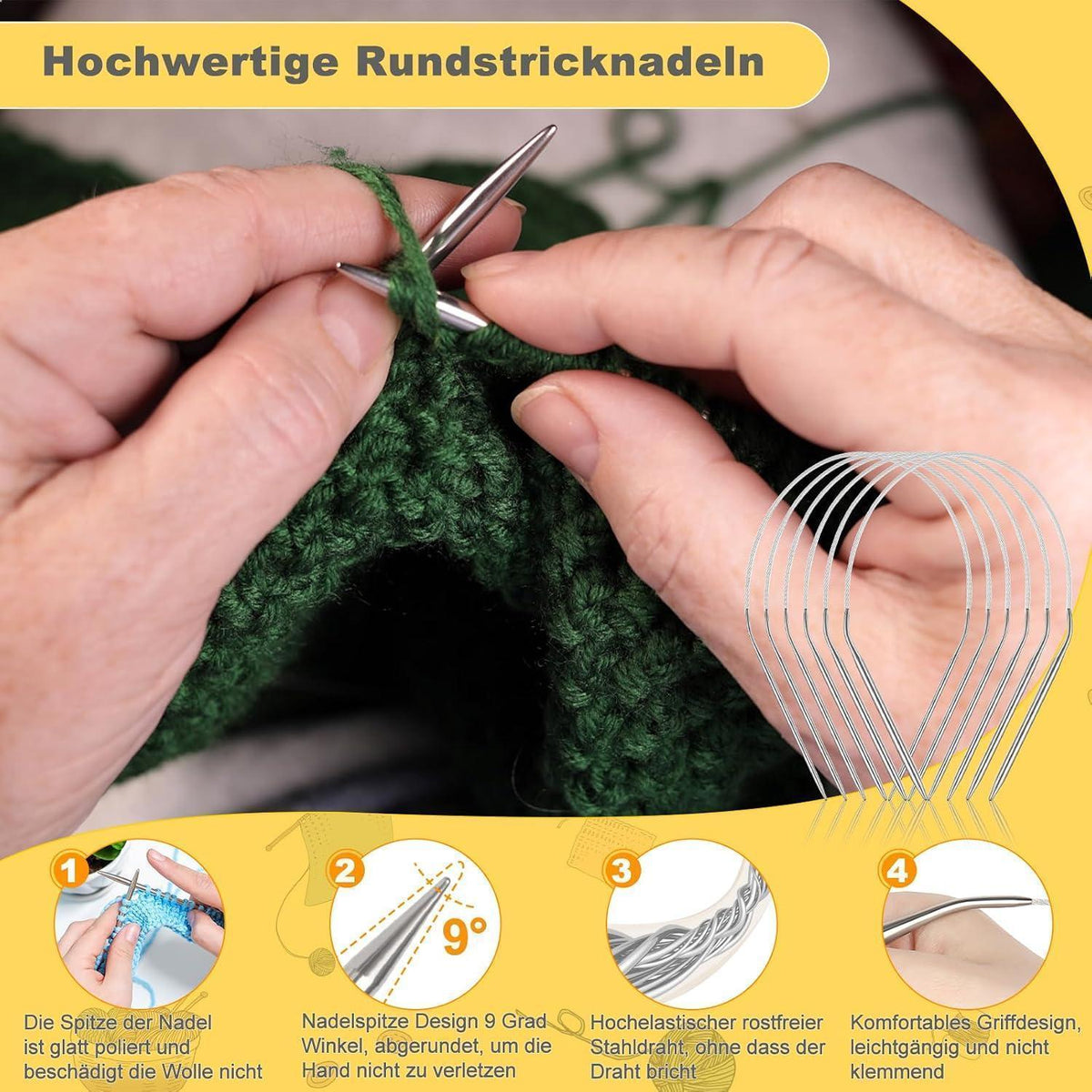 Rundstricknadel Set Edelstahl 80cm – 6 Größen (2,5-5,0mm)