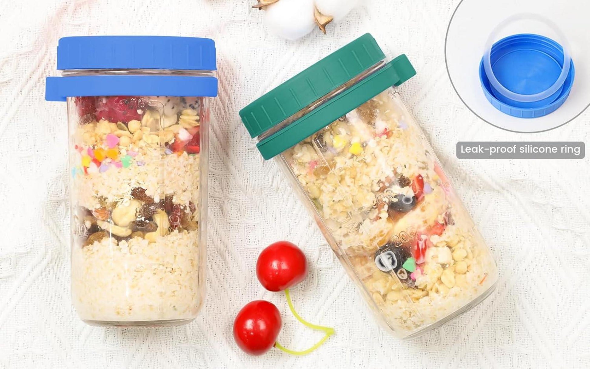 Bugucat Müslibecher to Go 600ML 2er Set aus Glas mit Löffel, Auslaufsicherer Lunchpot Grün+Blau