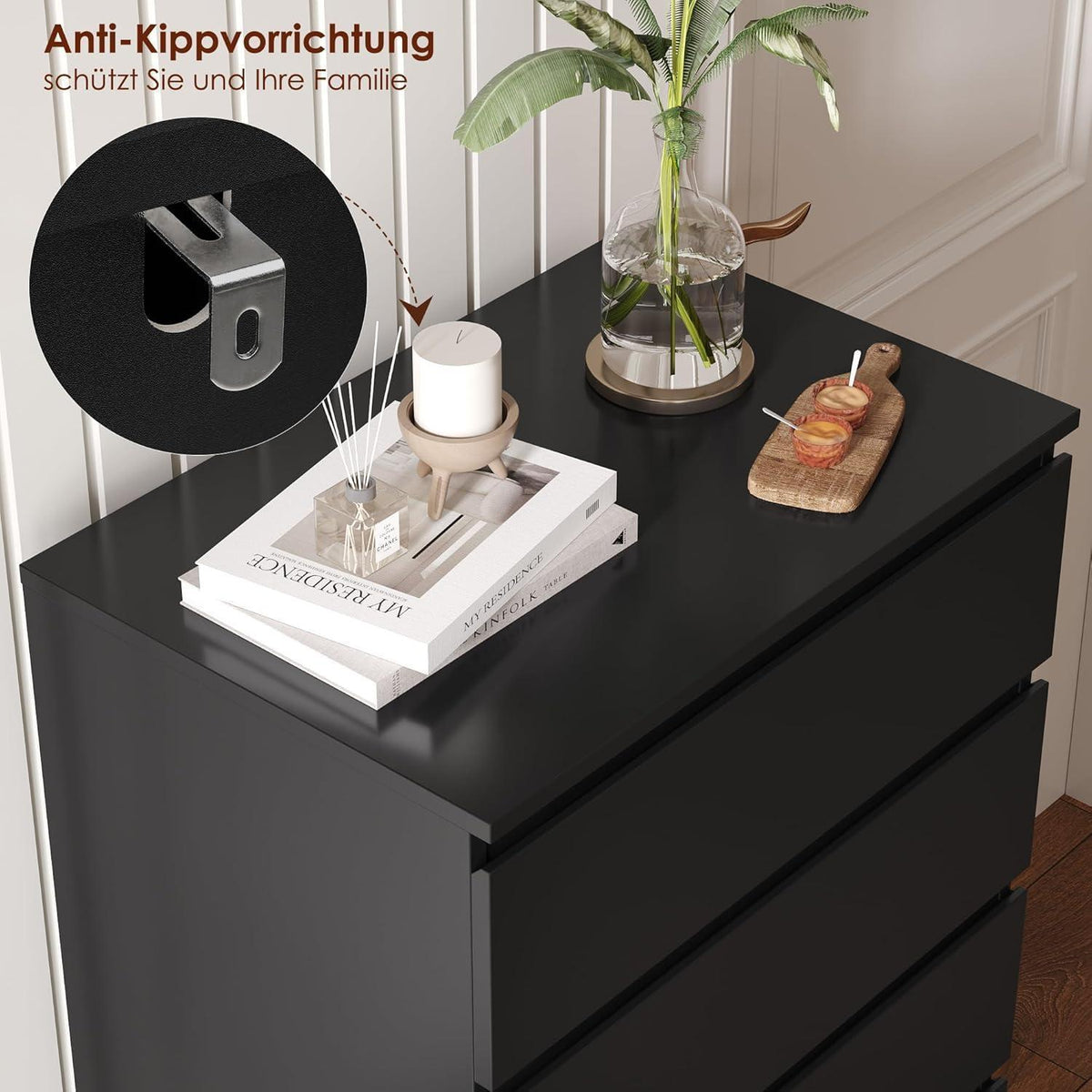 Schwarze Kommode mit 6 Schubladen – 60x40x119cm