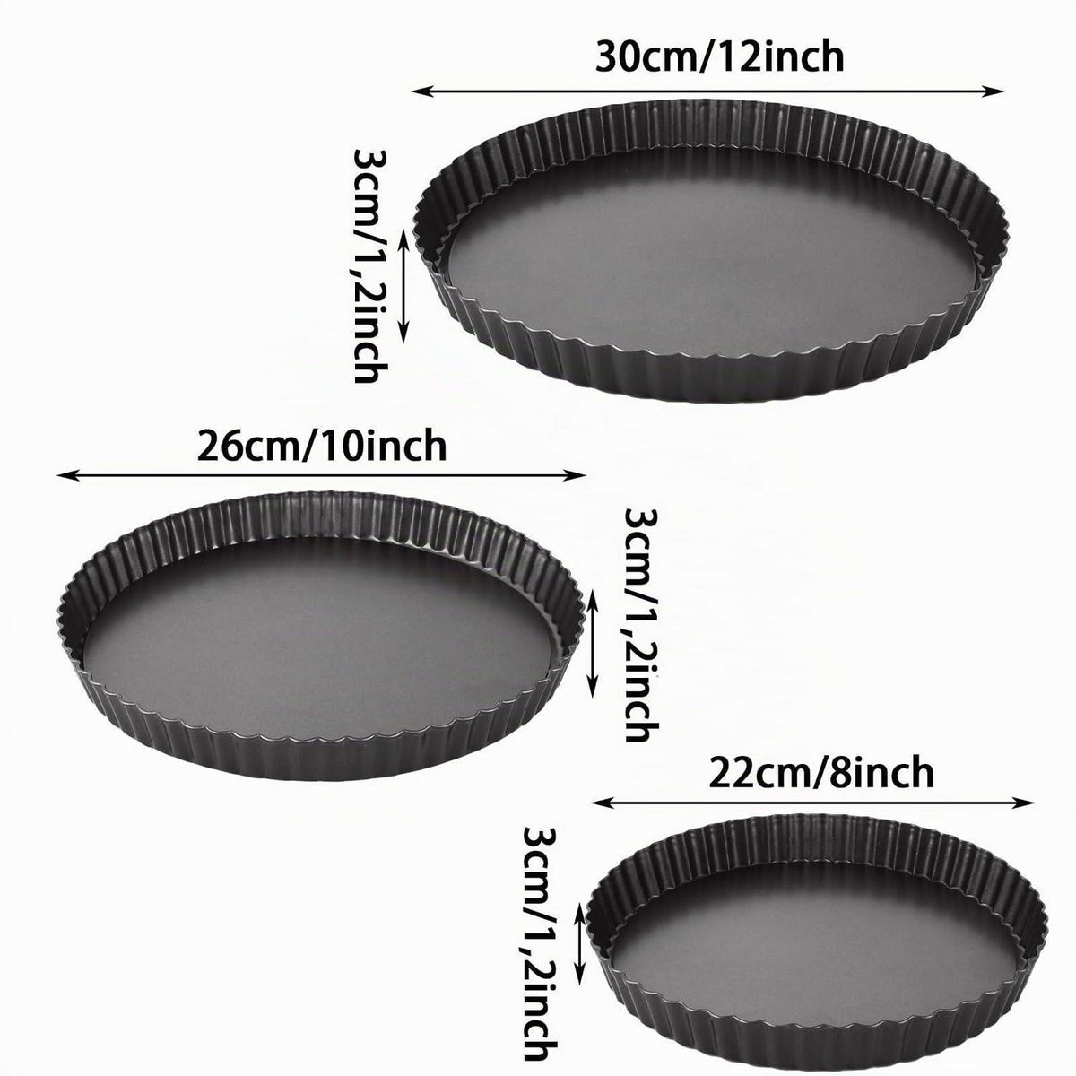 3er-Set Tarteformen mit Hebeboden 22/26/30cm – Antihaftbeschichtet