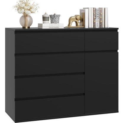 Kommode mit 5 Schubladen & Tür – 100cm Sideboard Schwarz