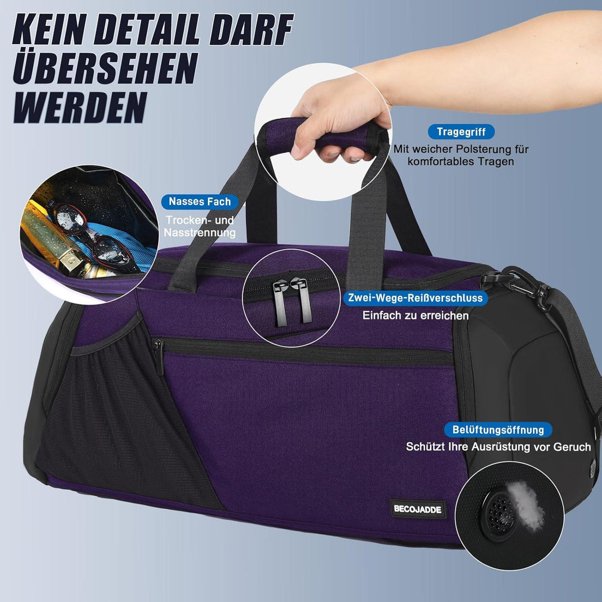 Sporttasche Herren 45L Groß Rucksack mit Schuhfach