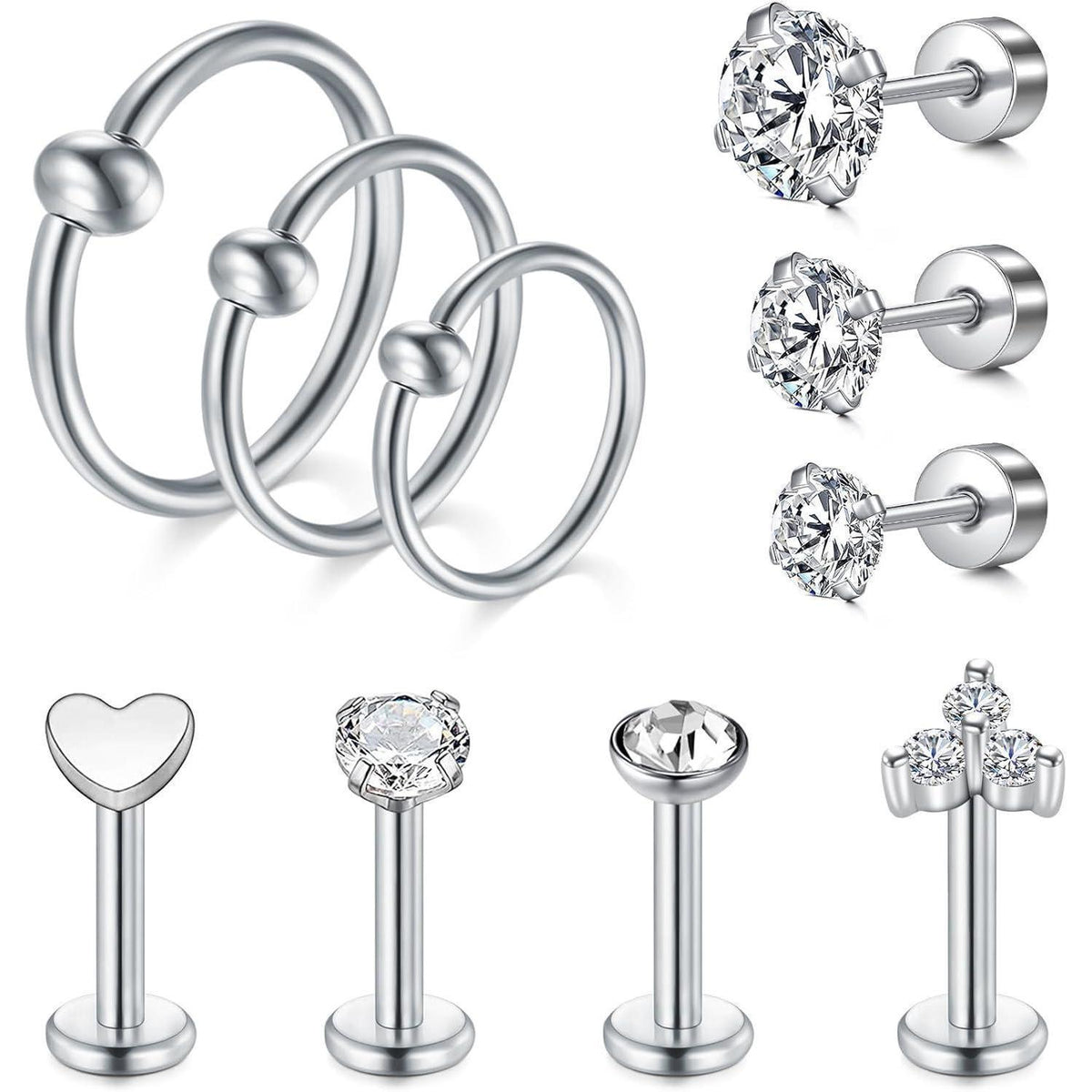 Piercing Set Chirurgenstahl Klar Acryl 16G Labret Tragus Helix Ohrstecker