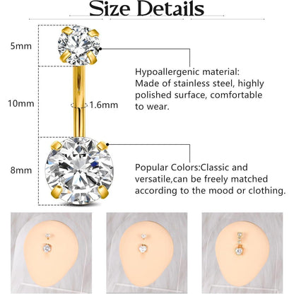 Bauchnabelpiercing 14G Chirurgenstahl Herz & Rund Zirkonia Silber/Gold