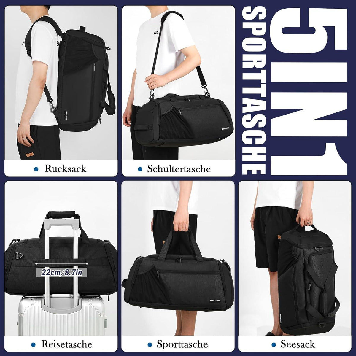 Große Sporttasche Herren 45L mit Nassfach und Schuhfach, Schwarz