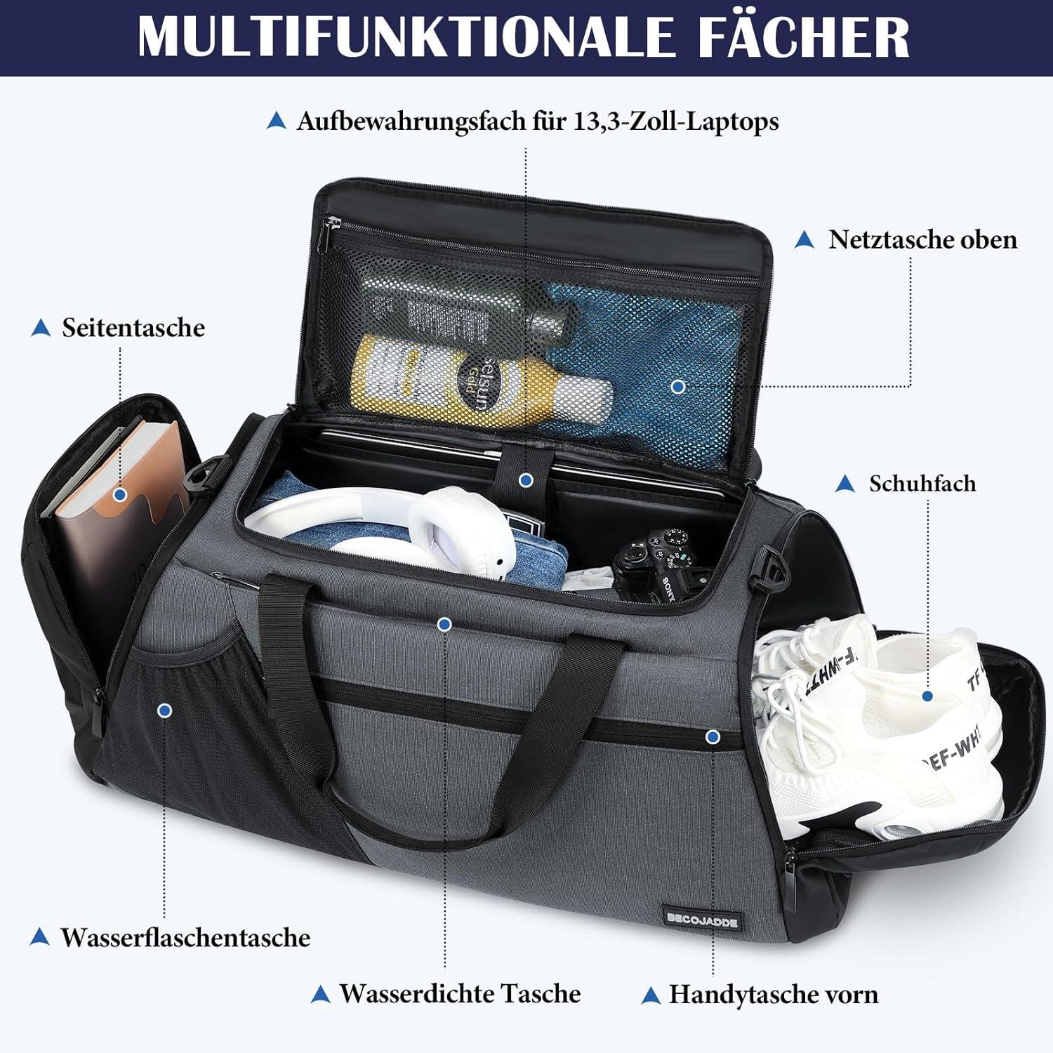 Große Herren Sporttasche 45L mit Schuhfach & Nassfach Grau