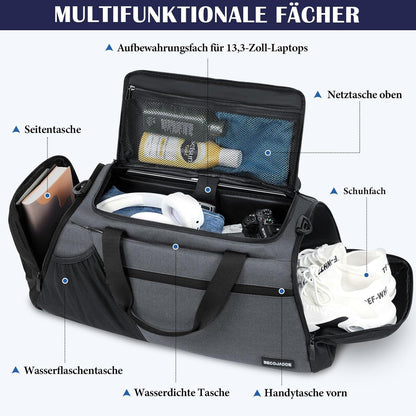 Große Herren Sporttasche 45L mit Schuhfach & Nassfach Grau