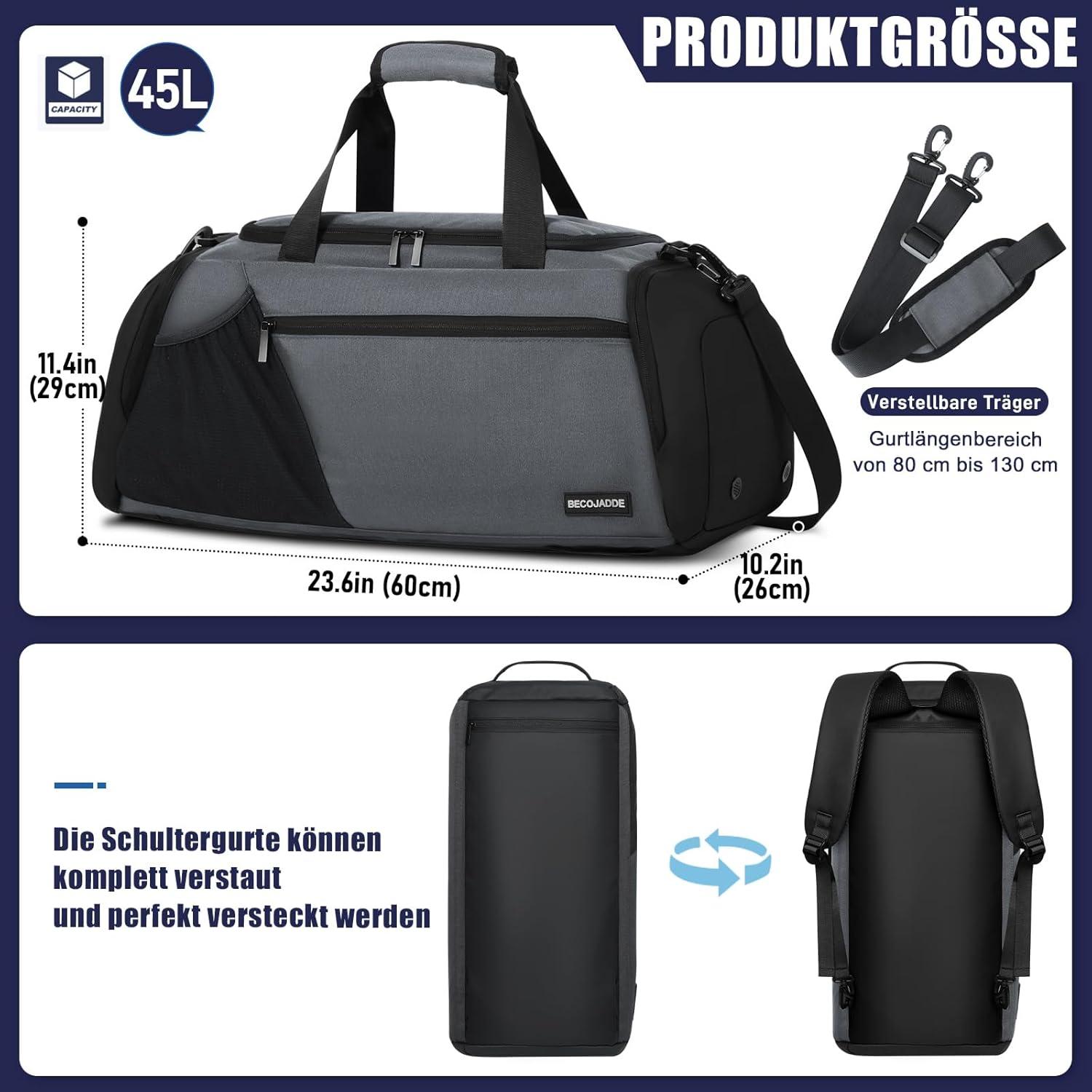Große Sporttasche Herren 45L Rucksack mit Schuhfach Nassfach