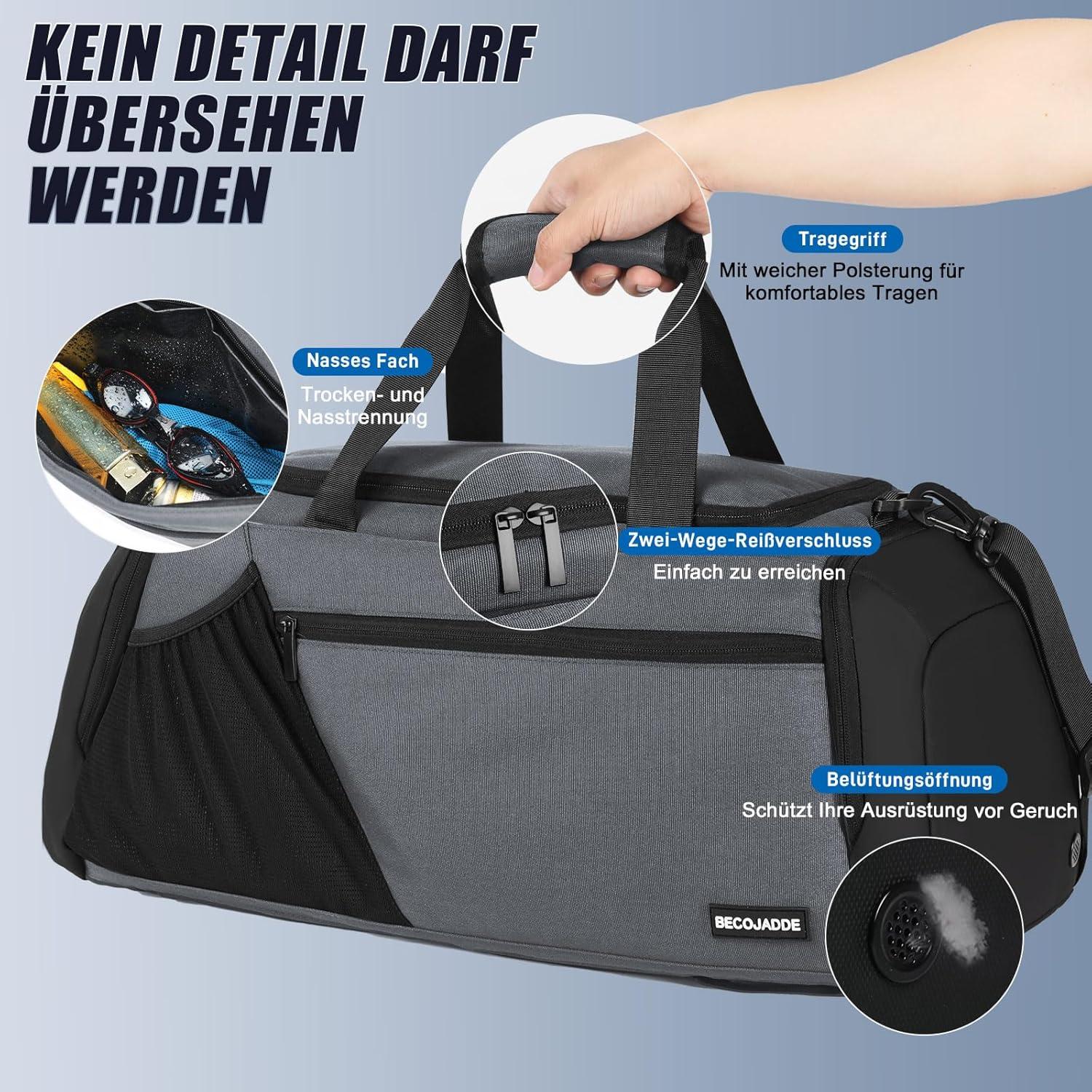 Sporttasche Herren 45L Groß Rucksack Schuhfach Nassfach Wasserdicht Grau