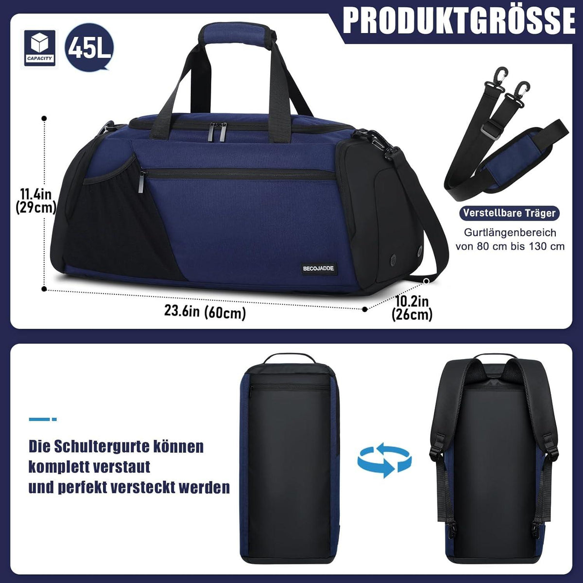 Große Sporttasche mit 45L Fassungsvermögen Navy Blau