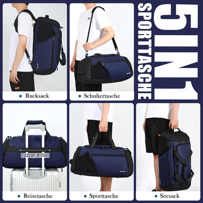 Große Sporttasche Herren 45L Rucksack Schuhfach Nassfach Wasserdicht Blau