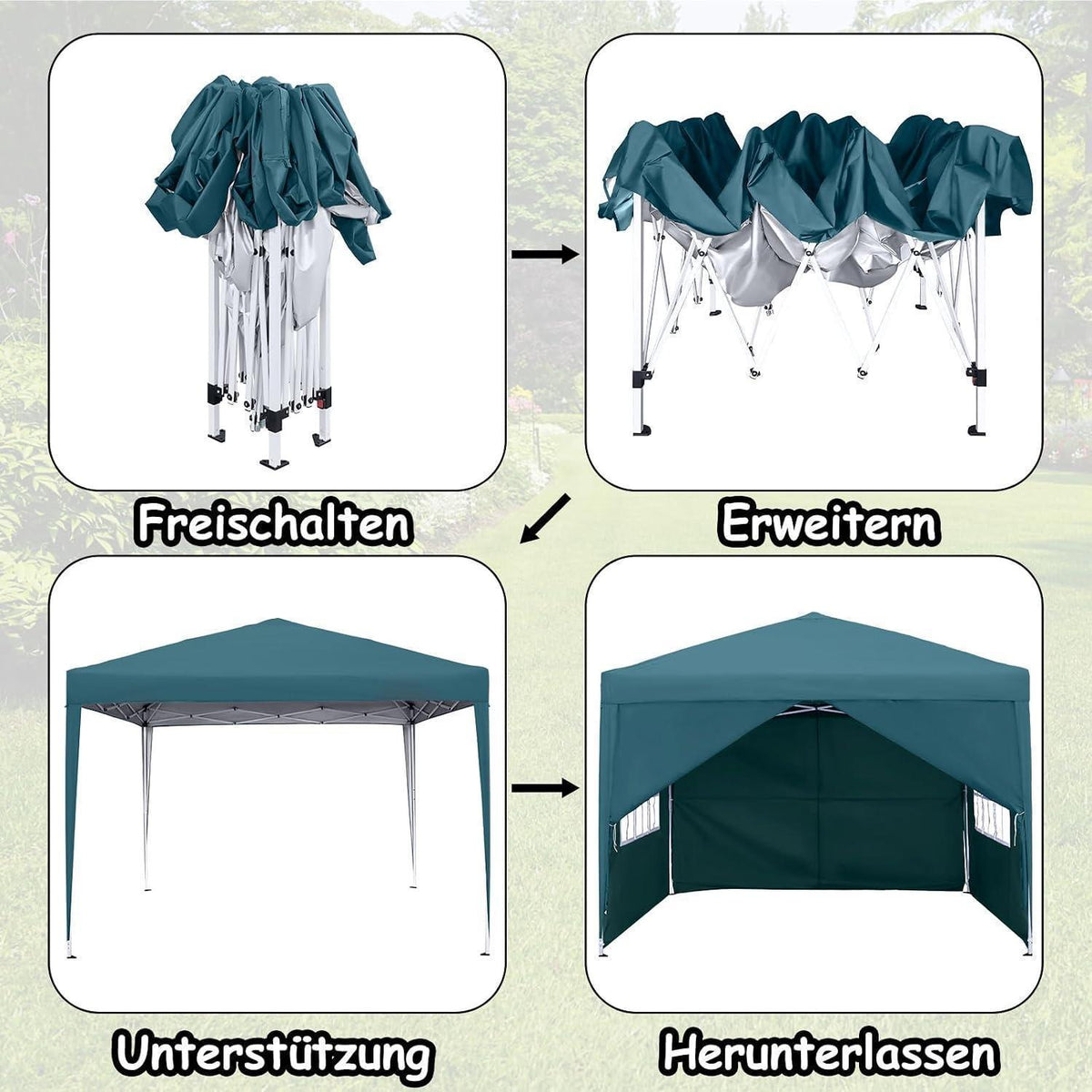 3x3m Faltpavillon mit Seitenteilen & Fenstern – Grün