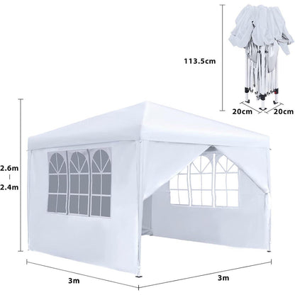 3x3m Faltpavillon mit Seitenteilen & Fenstern – Weiß