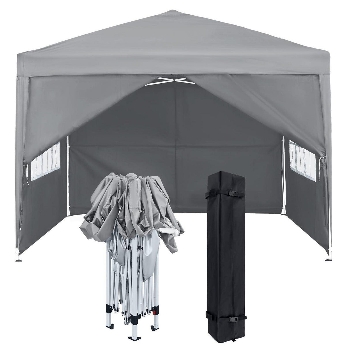 3x3m Faltpavillon mit Seitenteilen & Fenstern – Grau