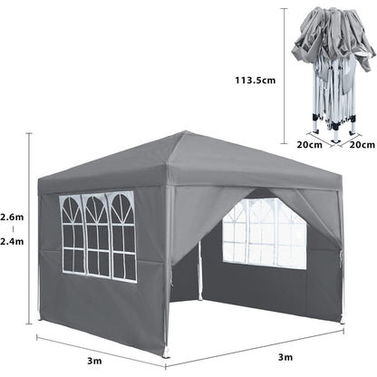 3x3m Faltpavillon mit Seitenteilen & Fenstern – Grau