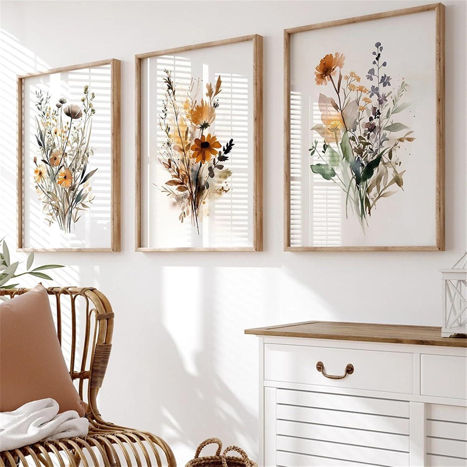3er Poster Set Gouache Blumen Wandbilder Wohnzimmer Schlafzimmer 40x50cm