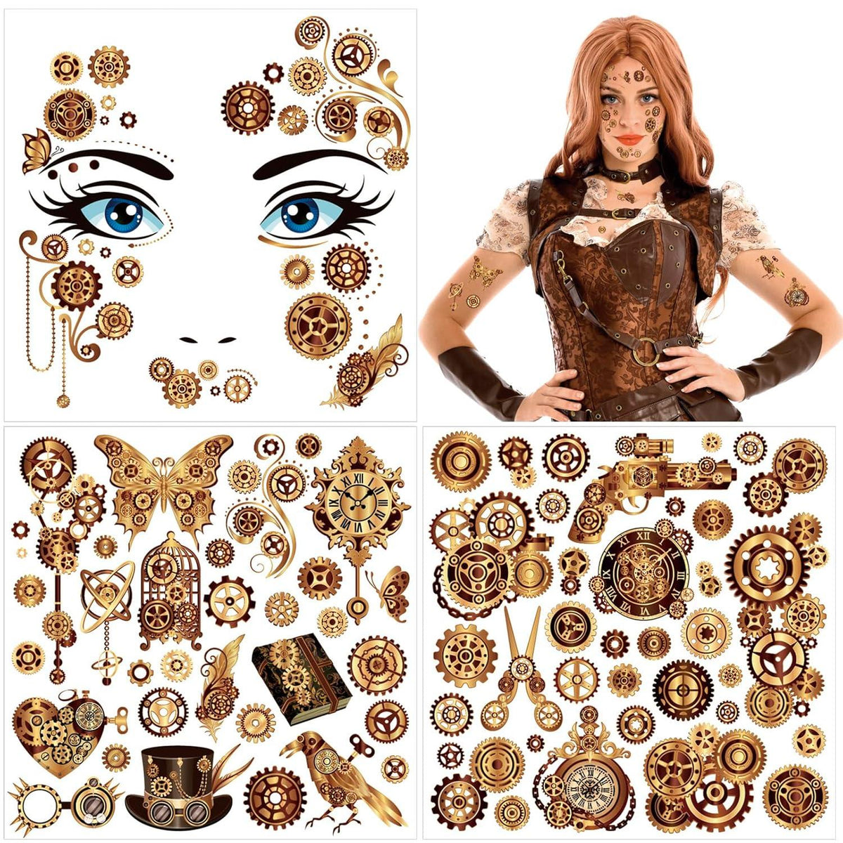 Steampunk Temporäre Tattoos Zahnräder Gesicht Aufkleber Halloween