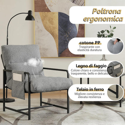 Moderner Loungesessel mit Armlehnen & Seitentasche – Grau