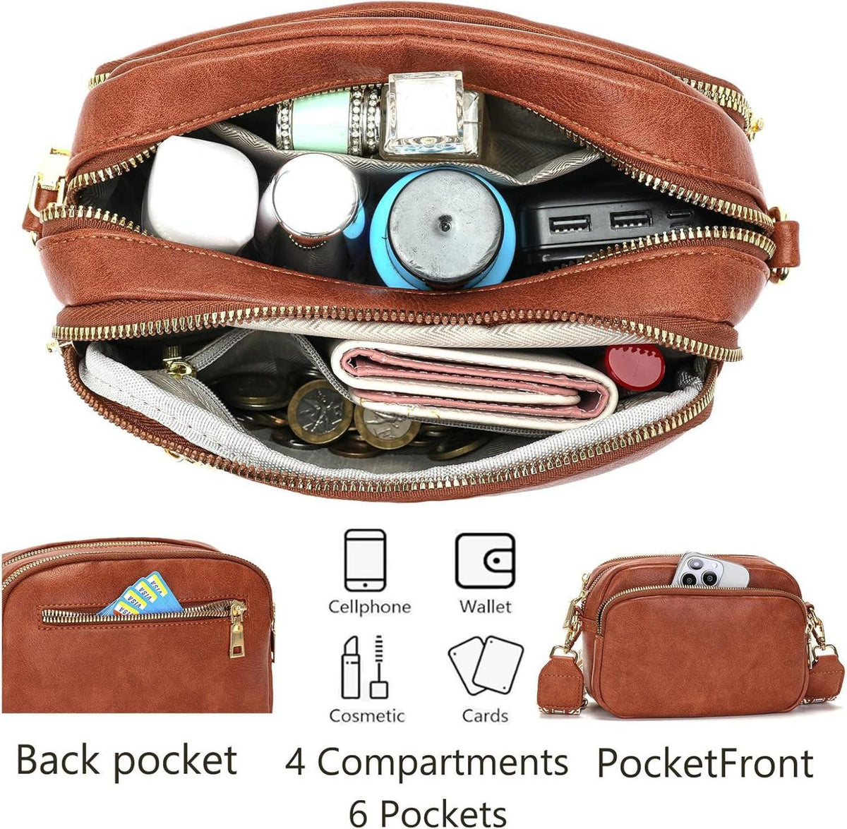 Damen Umhängetasche Handtasche Handytasche Schultergurt Braun 4 Fächer