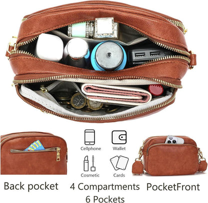 Damen Umhängetasche Handtasche Handytasche Schultergurt Braun 4 Fächer