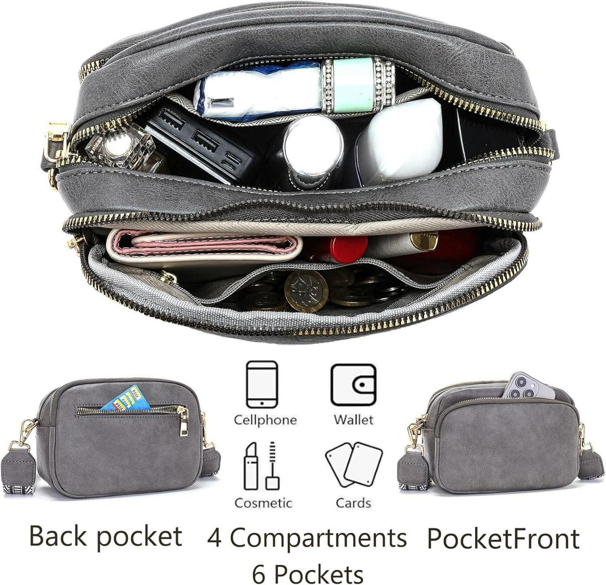 Damen Umhängetasche Handtasche Crossbody Bag Grau 4 Fächer