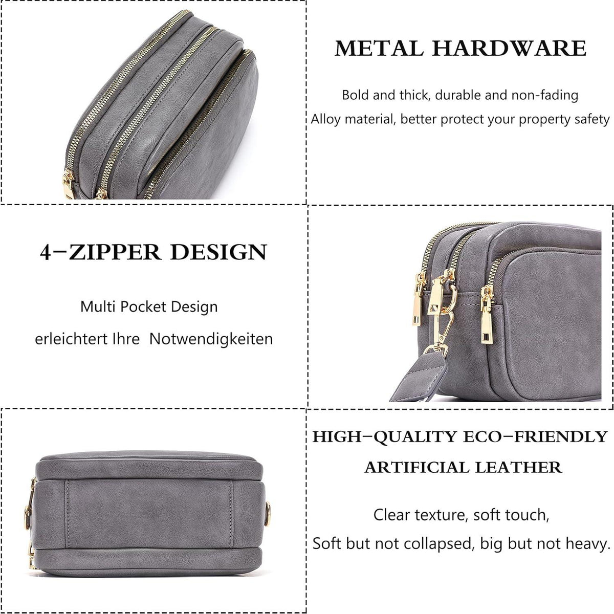 Damen Crossbody Handtasche Umhängetasche mit Breitem Schultergurt Grau