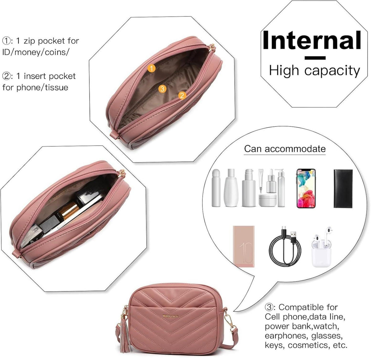Kleine Damen Umhängetasche PU Leder Crossbody Bag mit 4 Fächern