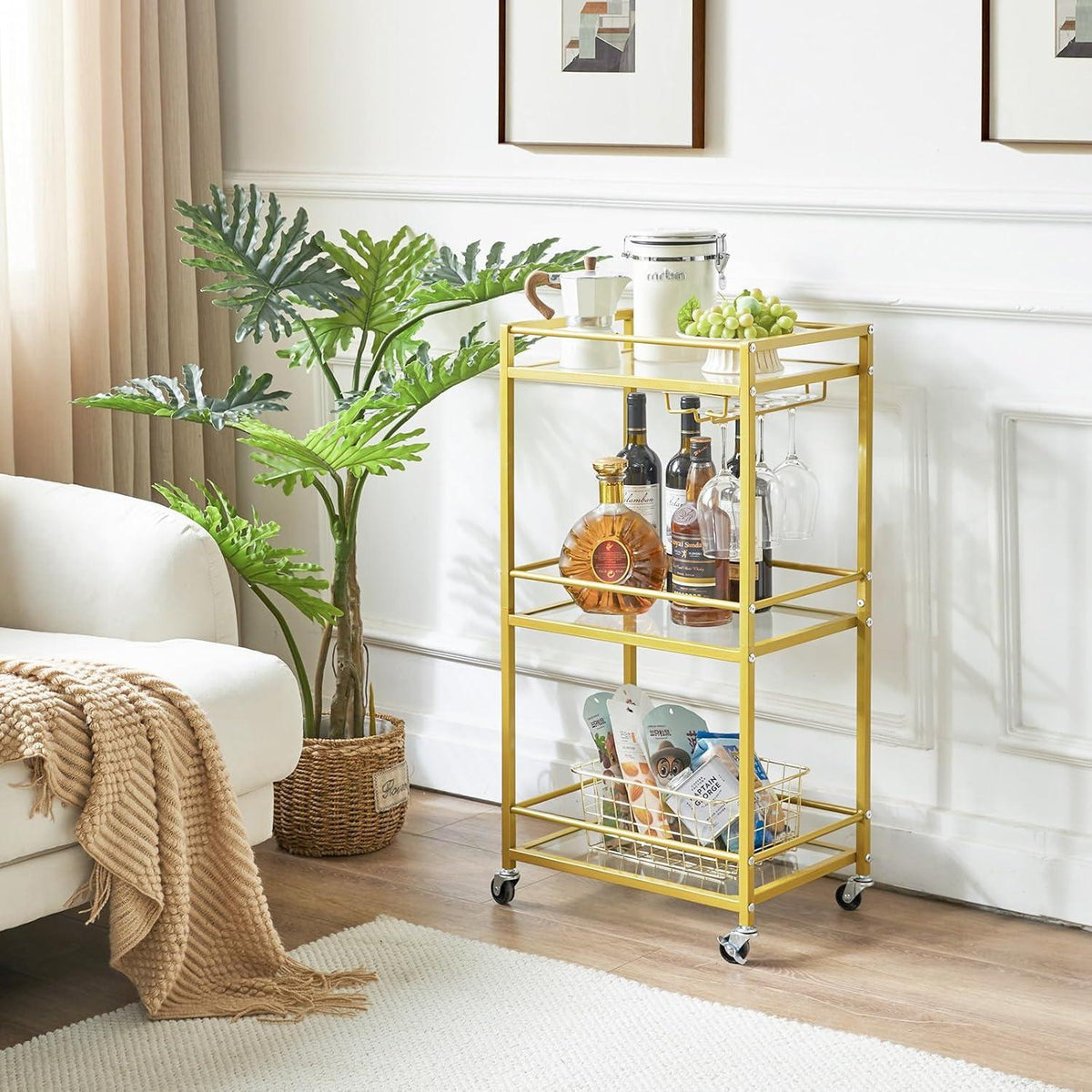IBUYKE Home Bar Servierwagen 3-stöckiges Glasregal Gold TMJ519G