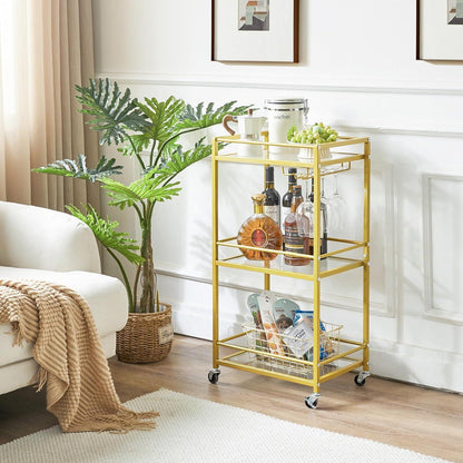 IBUYKE Home Bar Servierwagen 3-stöckiges Glasregal Gold TMJ519G