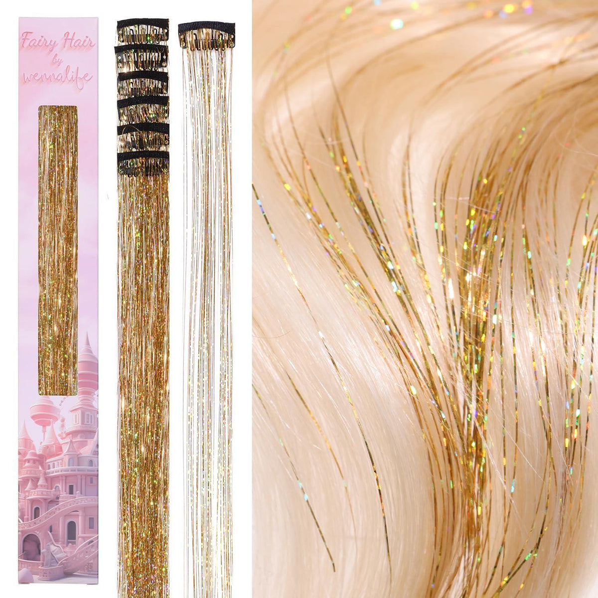 Glitzer Haarsträhnen Clip-In Gold 60cm – Festival & Party Haar