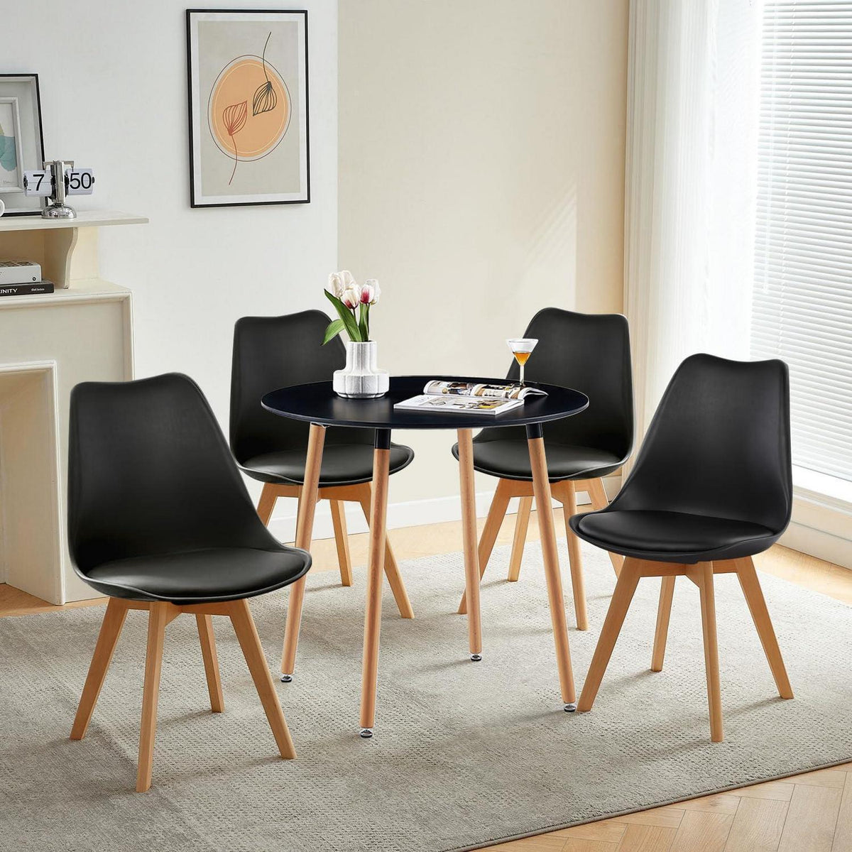 Esszimmergruppe für 4 Personen – Runder Schwarz-Weiß Tisch + 4 Stühle