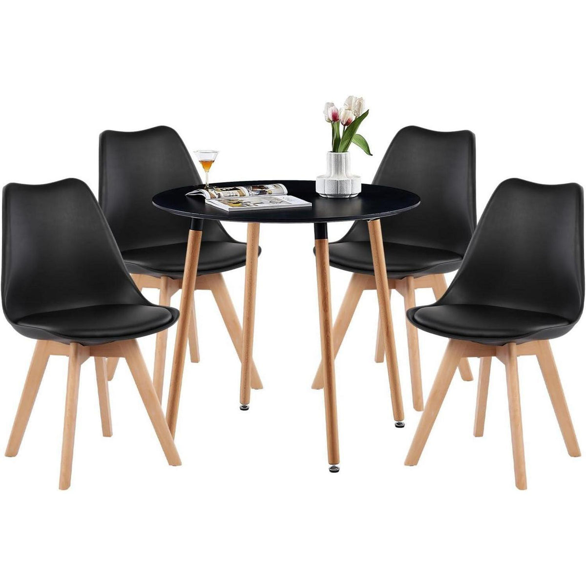 Esszimmergruppe für 4 Personen – Runder Schwarz-Weiß Tisch + 4 Stühle