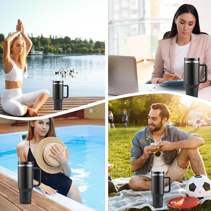 40oz Thermobecher mit Strohhalm Henkel, 1200ml Kaffeebecher Doppelwandig Schwarz