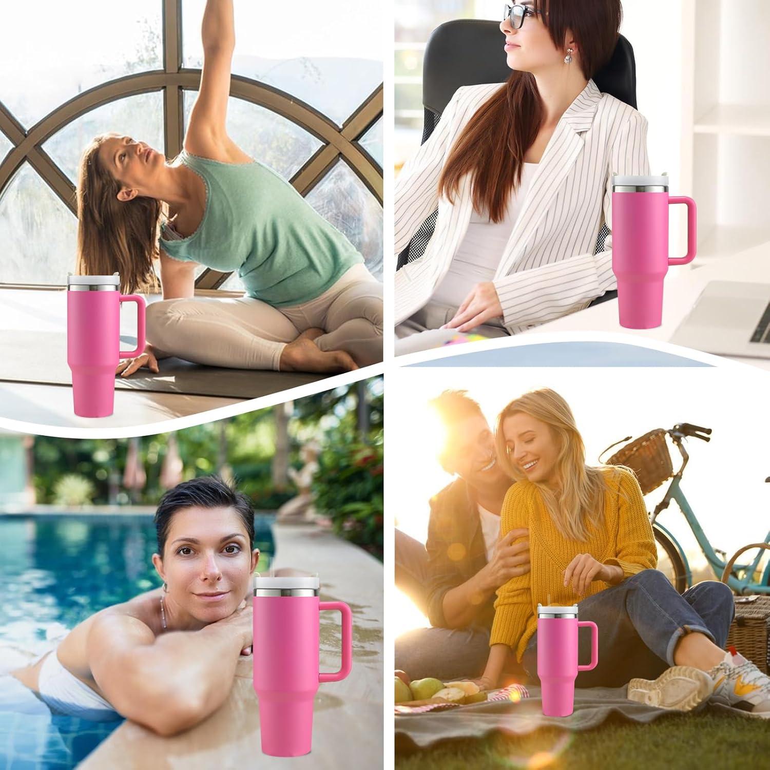 Thermobecher 40oz mit Strohhalm und Henkel, 1200ml Kaffeebecher To Go - Pink