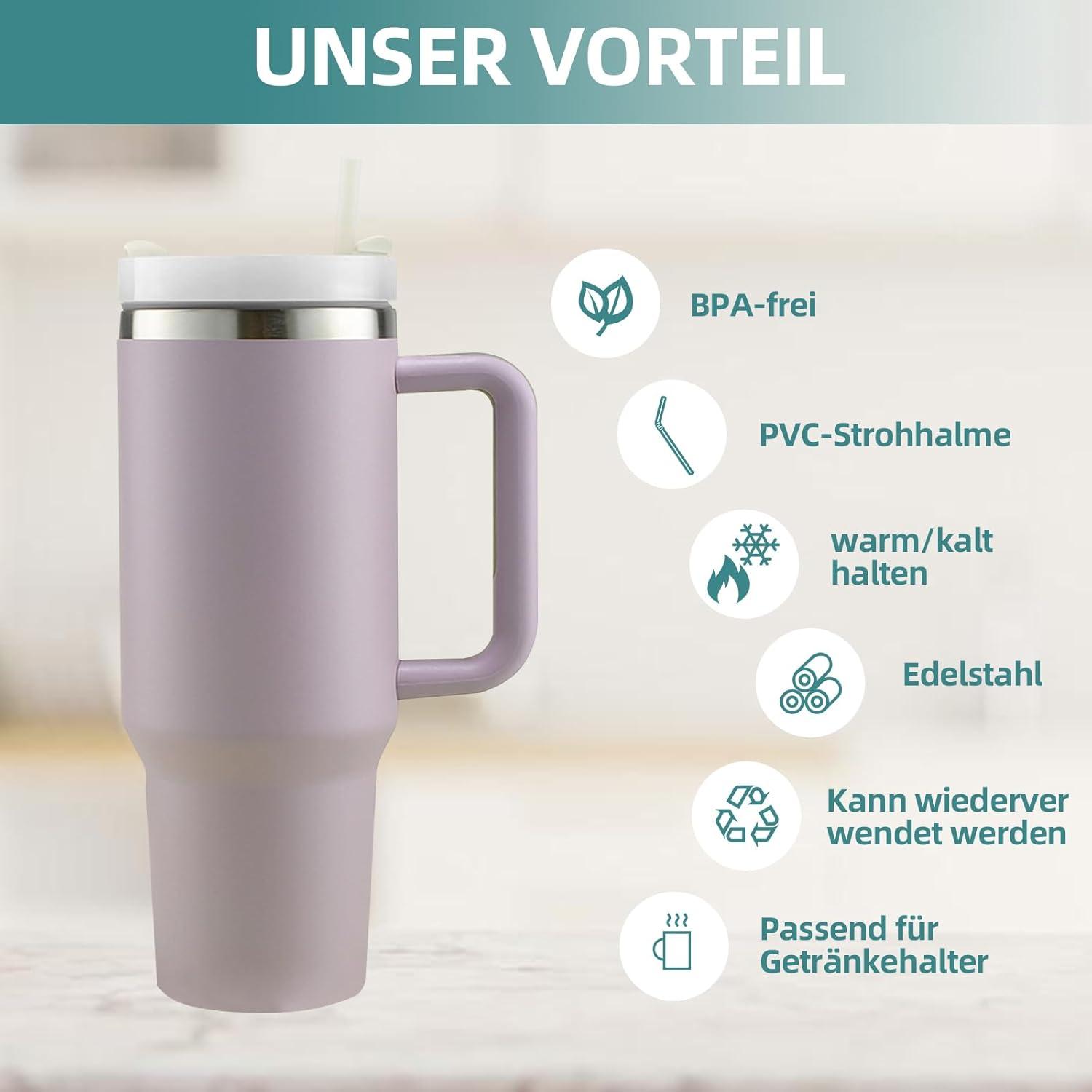 Thermobecher 40oz mit Strohhalm und Henkel 1200ml - Lila