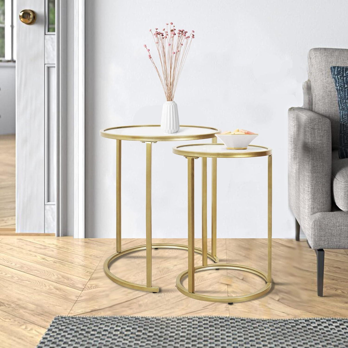 Goldene Beistelltisch-Sets mit Runden Glasplatten, 2er Set