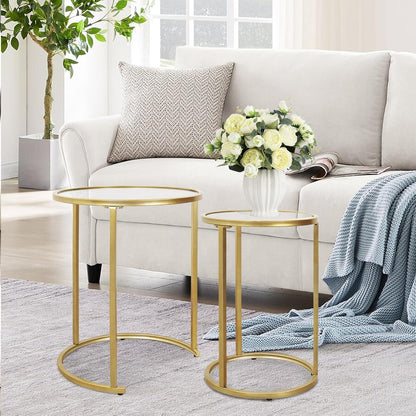 Goldene Beistelltische Set Rund Moderne Sofatische Metall Glas Couchtische