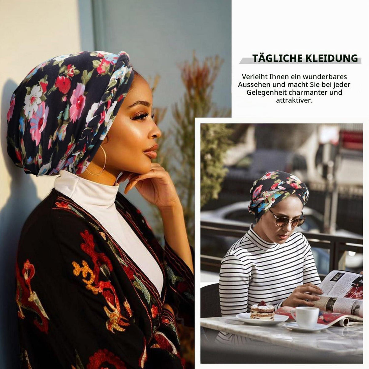 Damen Turban mit Zopf, vorgebundene Beanie Mütze