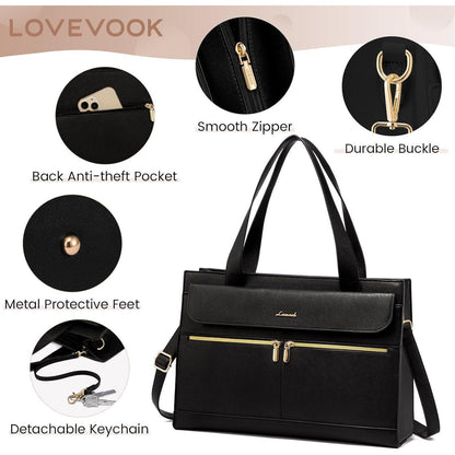 Laptoptasche Damen 15,6 Zoll Shopper Tasche Schwarz mit Clutch