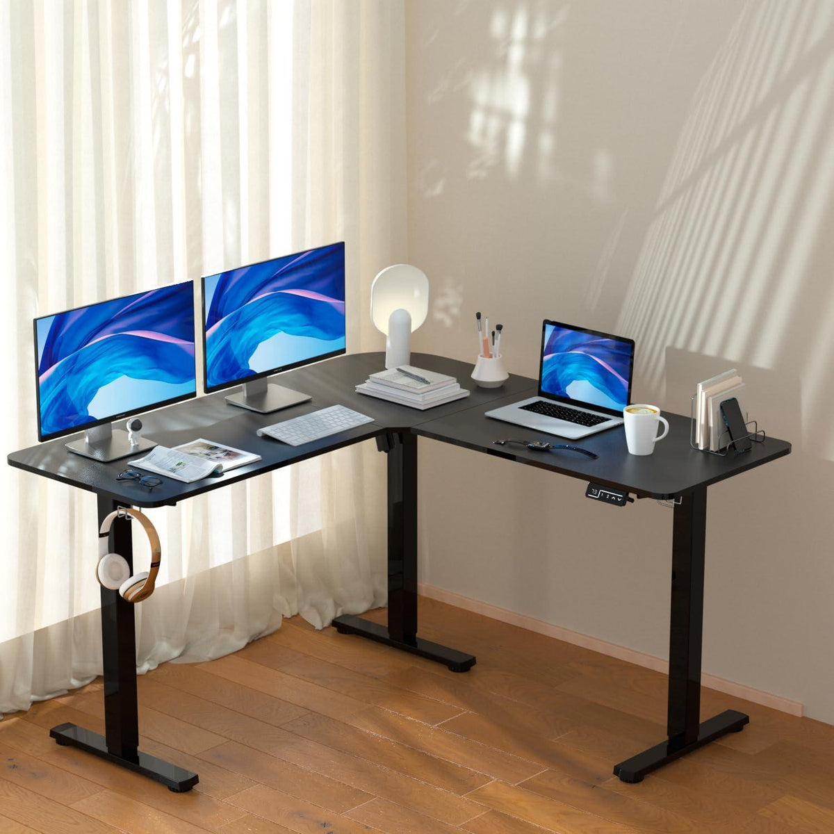 Höhenverstellbarer L-Form Schreibtisch Elektrisch Schwarz